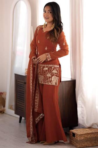 Brown silk blend embroidered palazzo set