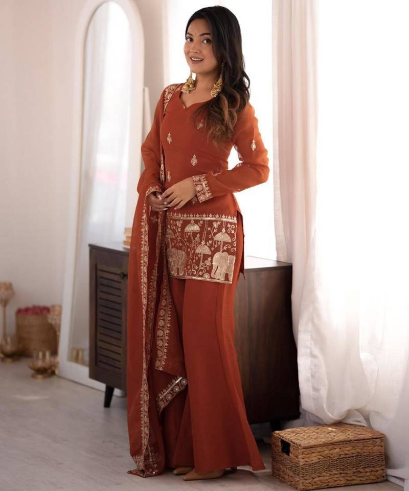 Brown silk blend embroidered palazzo set
