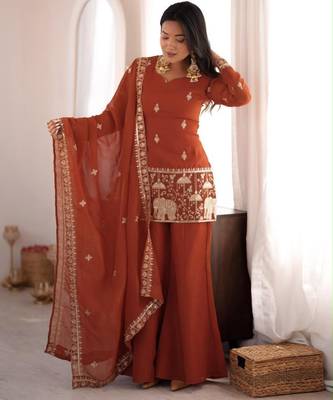 Brown silk blend embroidered palazzo set 2
