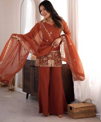 Brown silk blend embroidered palazzo set 3