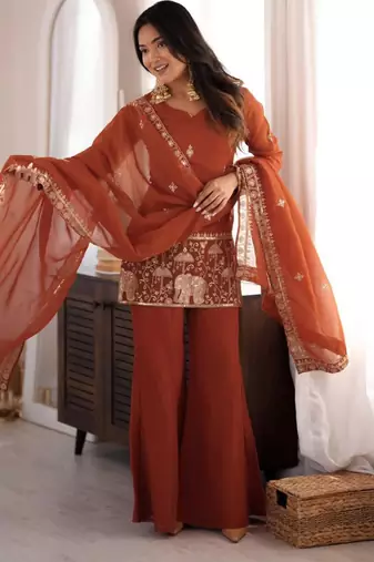 Brown silk blend embroidered palazzo set