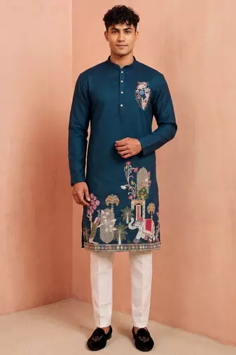 Men polystar & satin silk beads & embroidered work kurta set