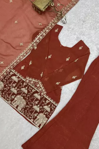 Brown silk blend embroidered palazzo set
