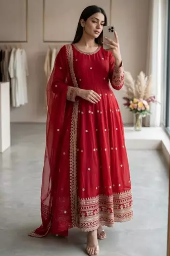 Red silk blend embroidered flared gown set