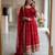 Red silk blend embroidered flared gown set