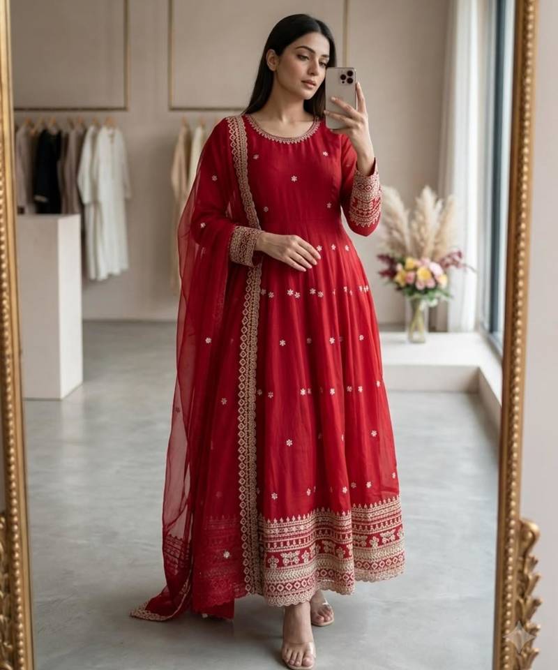 Red silk blend embroidered flared gown set