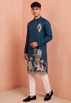 Men polystar & satin silk beads & embroidered work kurta set 2