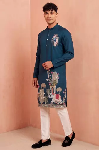 Men polystar & satin silk beads & embroidered work kurta set