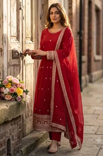 Red silk blend embroidered flared gown set