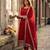 Red silk blend embroidered flared gown set