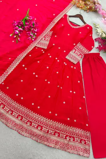 Red silk blend embroidered flared gown set