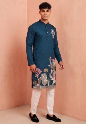 Men polystar & satin silk beads & embroidered work kurta set 3