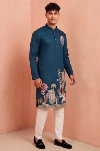 Men polystar & satin silk beads & embroidered work kurta set