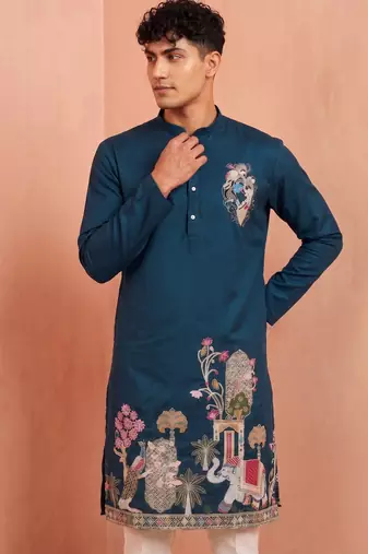 Men polystar & satin silk beads & embroidered work kurta set