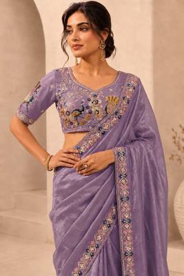 attractive lavender embroidery work with real bits work fendy satin indian wedding saree 4