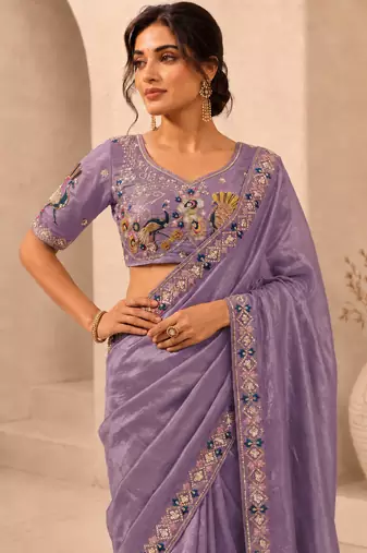attractive lavender embroidery work with real bits work fendy satin indian wedding saree