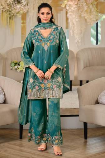 Teal silk blend embroidered palazzo set