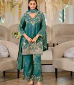 Teal silk blend embroidered palazzo set