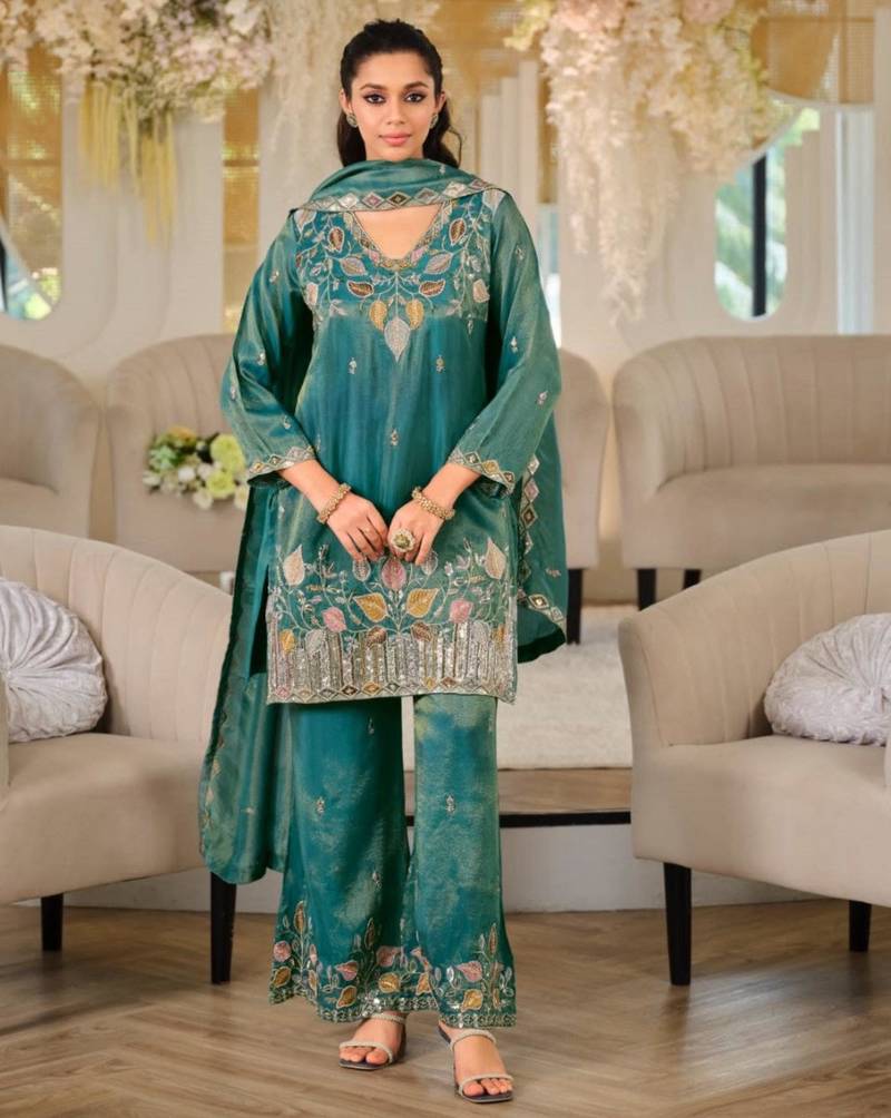 Teal silk blend embroidered palazzo set