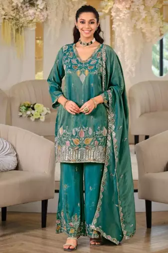 Teal silk blend embroidered palazzo set