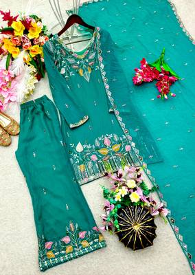 Teal silk blend embroidered palazzo set 3