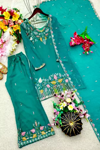 Teal silk blend embroidered palazzo set