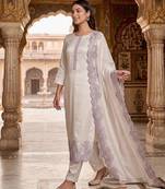 Off-white silk blend embroidered kurta set
