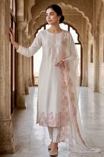 Off-white silk blend embroidered kurta set