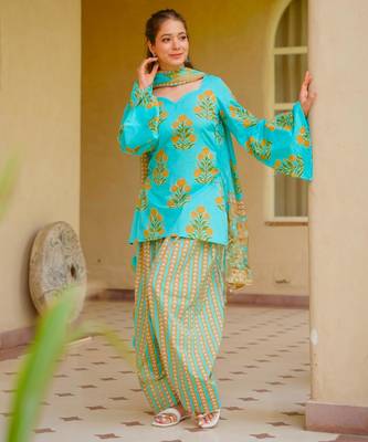 Blue cotton poly printed farshi salwar set 1