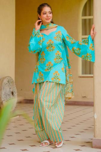 Blue cotton poly printed farshi salwar set
