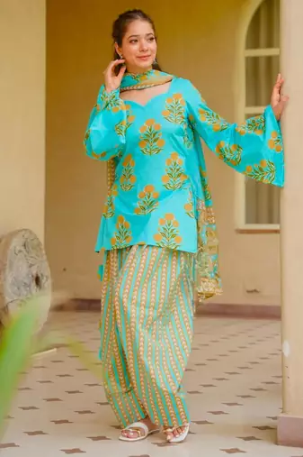 Blue cotton poly printed farshi salwar set