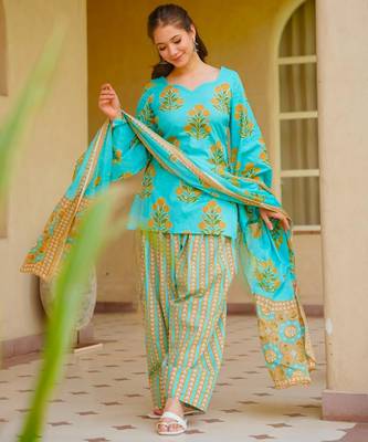 Blue cotton poly printed farshi salwar set 3