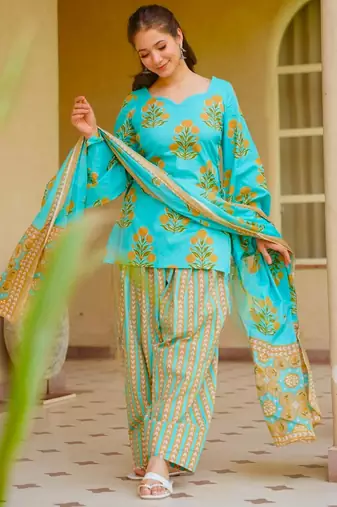 Blue cotton poly printed farshi salwar set