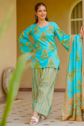 Blue cotton poly printed farshi salwar set