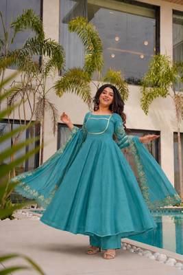Teal-blue silk blend embroidered anarkali set 1