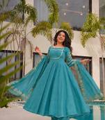 Teal-blue silk blend embroidered anarkali set