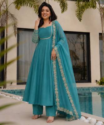 Teal-blue silk blend embroidered anarkali set 2