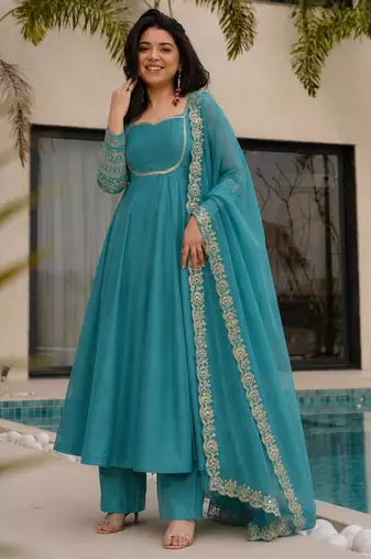 Teal-blue silk blend embroidered anarkali set