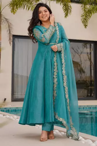 Teal-blue silk blend embroidered anarkali set