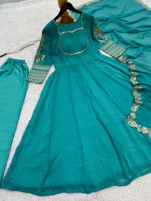 Teal-blue silk blend embroidered anarkali set 4