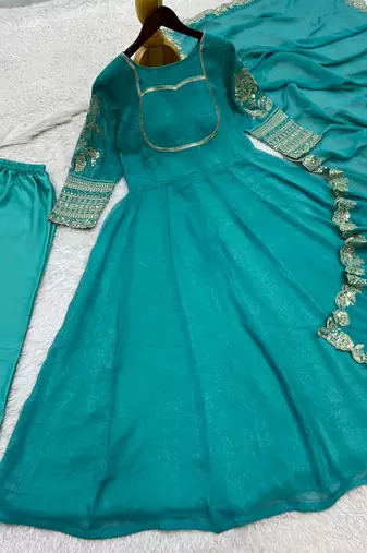 Teal-blue silk blend embroidered anarkali set