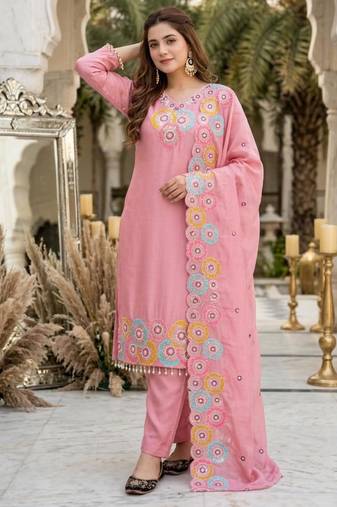 Light-pink silk blend embroidered kurta set
