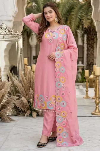 Light-pink silk blend embroidered kurta set