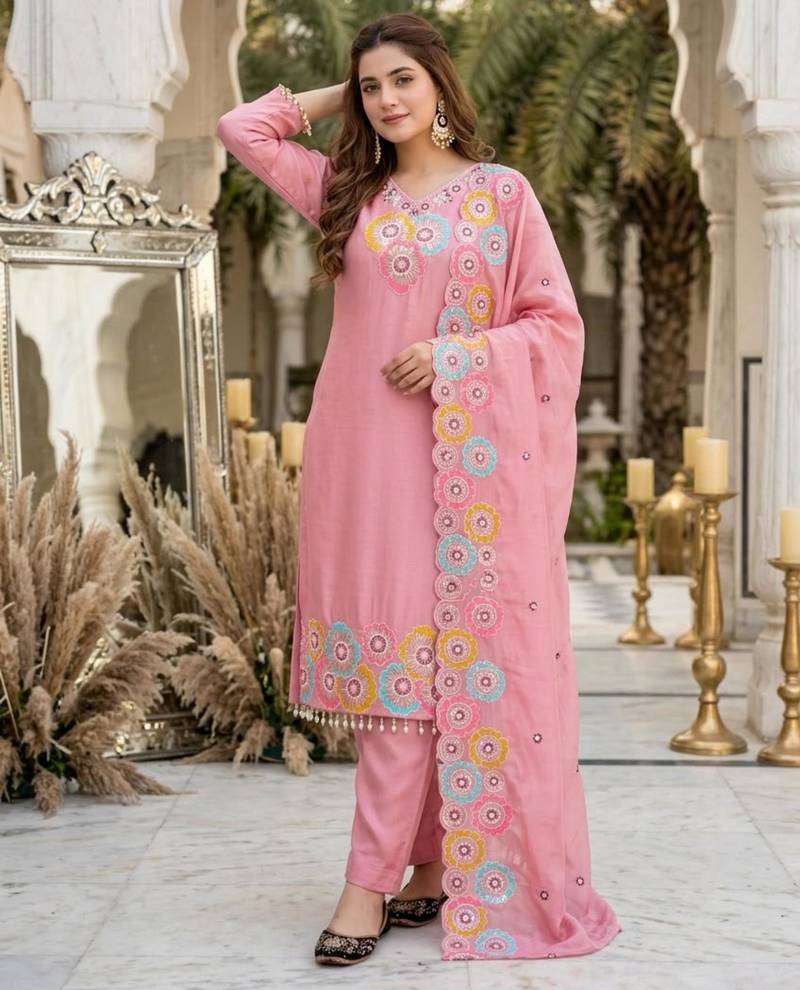 Light-pink silk blend embroidered kurta set