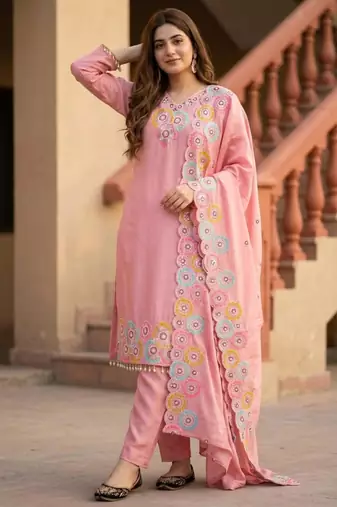 Light-pink silk blend embroidered kurta set