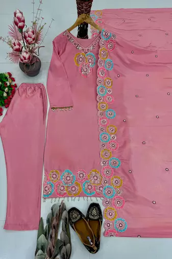 Light-pink silk blend embroidered kurta set