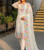 Off-white silk blend embroidered kurta set