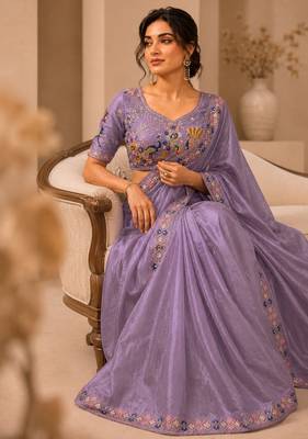 attractive lavender embroidery work with real bits work fendy satin indian wedding saree 5