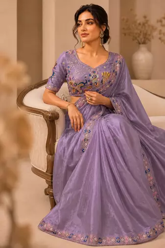 attractive lavender embroidery work with real bits work fendy satin indian wedding saree