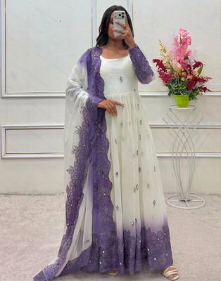 White georgette embroidered flared gown set 1